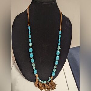 Chico’s Chunky Turquoise Silver Bead Long Tassel Pendant Statement Necklace